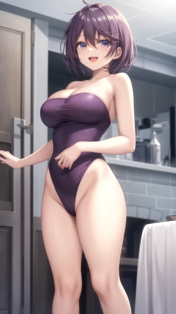 ((((masterpiece, Highest quality, High resolution)))), One girl, Gray Hair, Purple eyes, Short Wavy Hair, Average chest, blush, A light smile, Part your lips, shine, Thighs, nakedの肩, clavicle, Tight waist, Cleavage, (Beautifully detailed face, Beautiful attention to detail), hot spring, naked, soaked, Wet towel