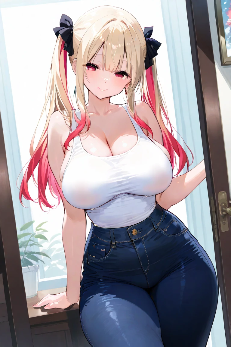 (Best quality: 1.5), (masterpiece: 1.5), (character in the center), (absurdity), (4k wallpaper), (detailed eyes), (pretty eyes), (perfect hands), (perfect fingers ), (Beautiful skin), (perfect body), (good proportions), (perfect shadows), (full body), (perfect light), (detailed eyes), (detailed face), (masterpiece), (voluptuous body ), (perfect anatomy), adult woman, milf, mature woman, long blonde hair, red eyes, wears jeans and a t-shirt, angry face and blushes with shame, has a wedding ring on her left hand, huge breasts, oppai, huge thighs, perfect thighs, she is standing outside the door of her apartment saying goodbye to her husband with her son, a boy, behind her