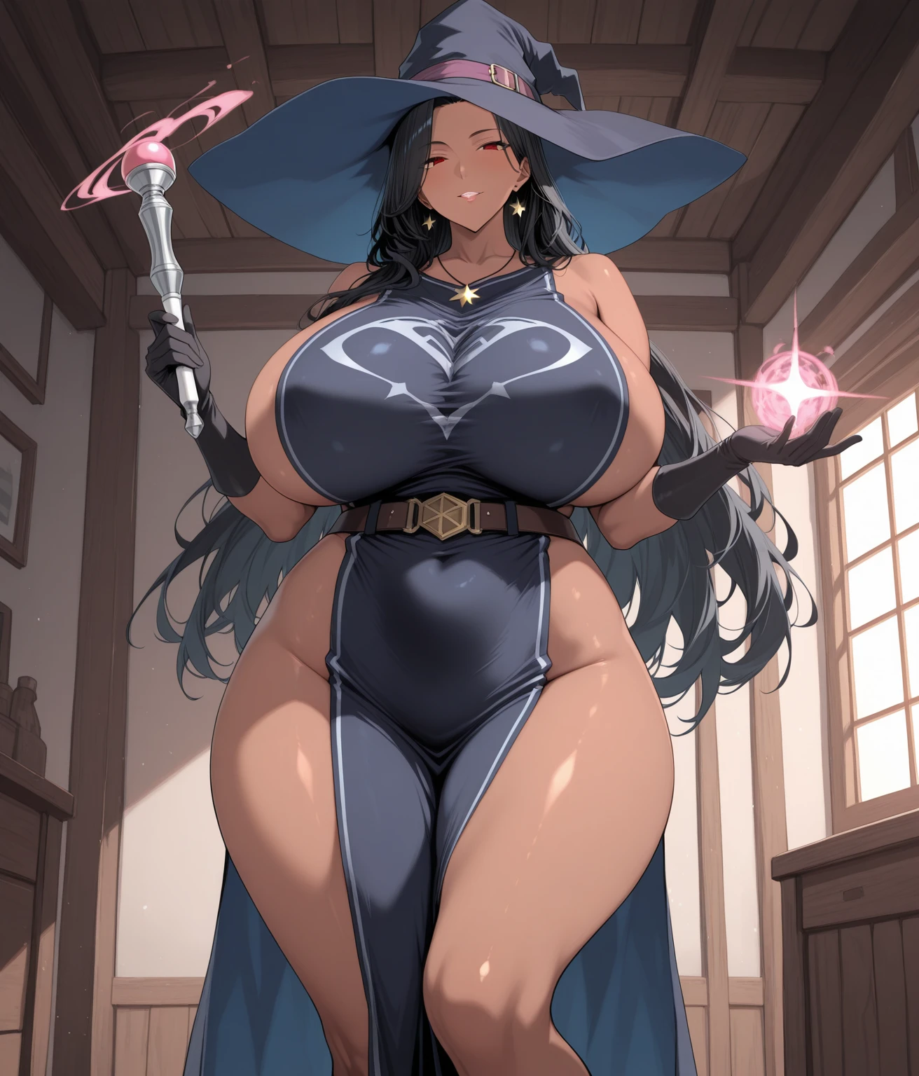 ((1 curvy woman)),((with long purple hair)),((huge breasts)),((with a big dress, purple and blue, a cut on her breasts)),((and holding an erome staff box)),((with a purple and pink witch hat, with one blue and one purple eye)),standing at night