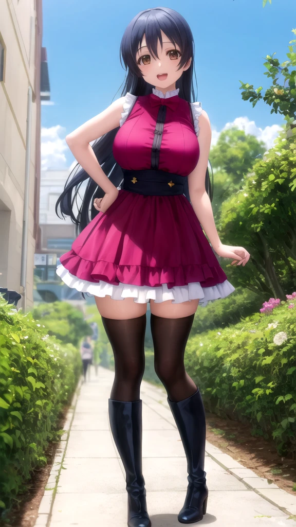 (Patchouli toho character), (standing at lakeside forest), outside, (standing with open legs wide:1.6), (thin arms behind back:1.3), (bending back:1.2), tiptoe, (pigeon toed), BREAK, (disproportionately gigantic huge perky breasts:1.3), cleavage, bouncing breasts, inconceivably thin waist, very short thin torso, (thin long legs apart:1.3), BREAK, very short miniskirt, thigh gap, (black thighhighs:1.2), highheels, BREAK, smile for viewer, open mouth, nose blush, full body, (excessive pussy juice dripping between legs:1.2)