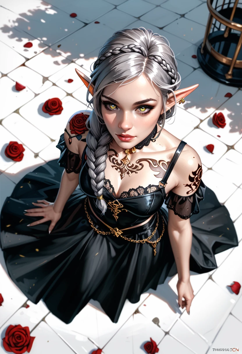 Naked anime girl covered in dark roses,illustration,red-eyed beauty,breathtakingly detailed roses,vibrant colors,soft lighting,artistic rendering,masterpiece:1.2,detailed face, detailed hands, detailed eyes, flowers, colors, elf woman, blue rosess, detailed hands, hands down
