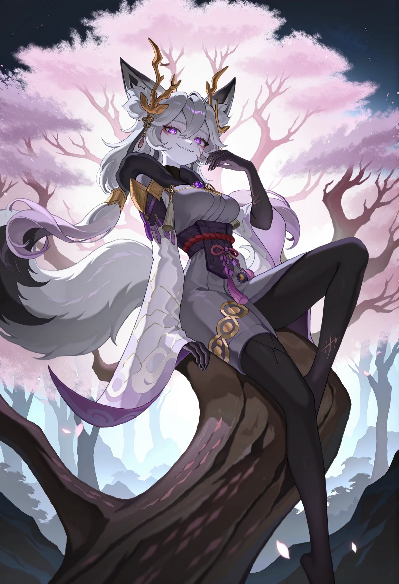 (top quality, best quality, by juliathedragoncat, High-quality illustrations, masterpiece, 16k, 1080p, uploaded on e621) (kemono, kitsune, alone), round, 1 female, very detailed body face and eyes, fox kami, (Sdorica), black and gray fur, fluff, scars, medium breasts, 4 tails, perfect eyes, purple eyes, simple clothes, beautiful night cherry blossom forest, body movement, spooky smile, dynamic view, sitting on a tree