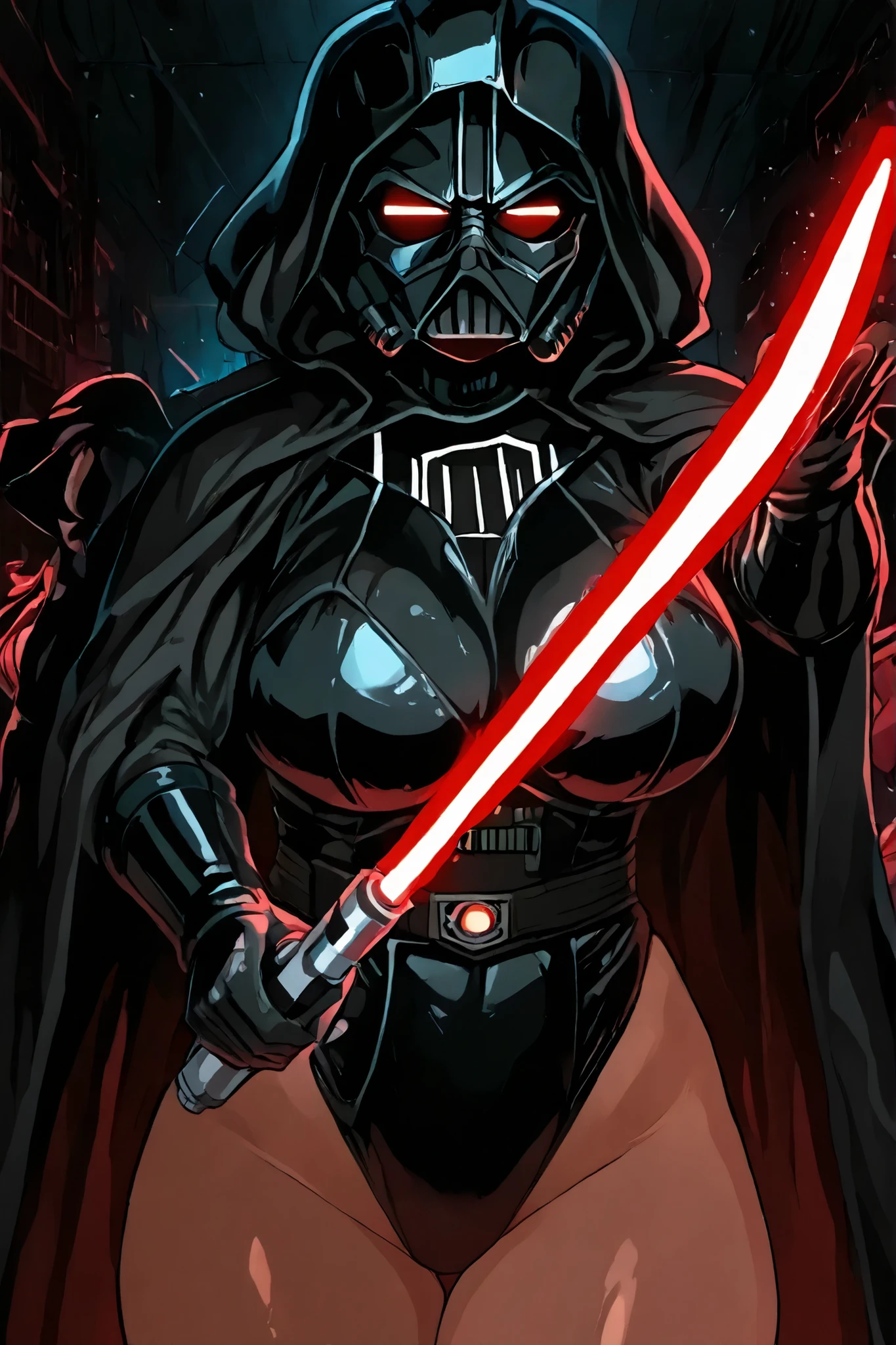 Female version of Darth Vader with the, wielding the red light sabre, corpo feminino, peitos medios, bunda media, corpo definido, corpo magro, maio preto, coxas, barriga, Front view imposes, estilo anime, alta qualidade,
Just a lightsaber,
Just a character ,
wearing a black swimsuit ,
An anime girl with Darth Vader traits,