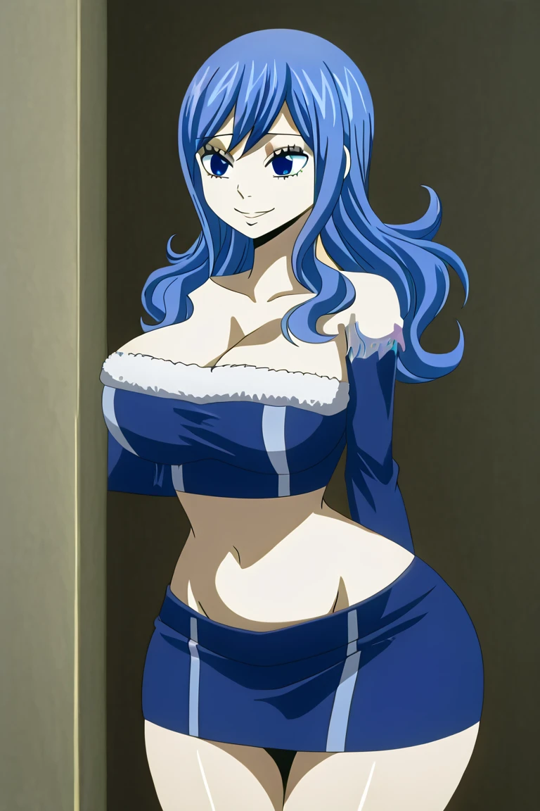 masterpiece, best quality, highly detailed, highres, hdr, 1girl, solo, (Juvia_Lockser)++ absurdres, animal ears, black leotard, black pantyhose, bow, bowtie, breasts, cowboy shot, detached collar, smile, grey background, open mouth, highres, leotard, big breasts, pantyhose, playboy bunny, blue eyes, rabbit ears, simple background, solo, standing, strapless, strapless leotard, wrist cuffs