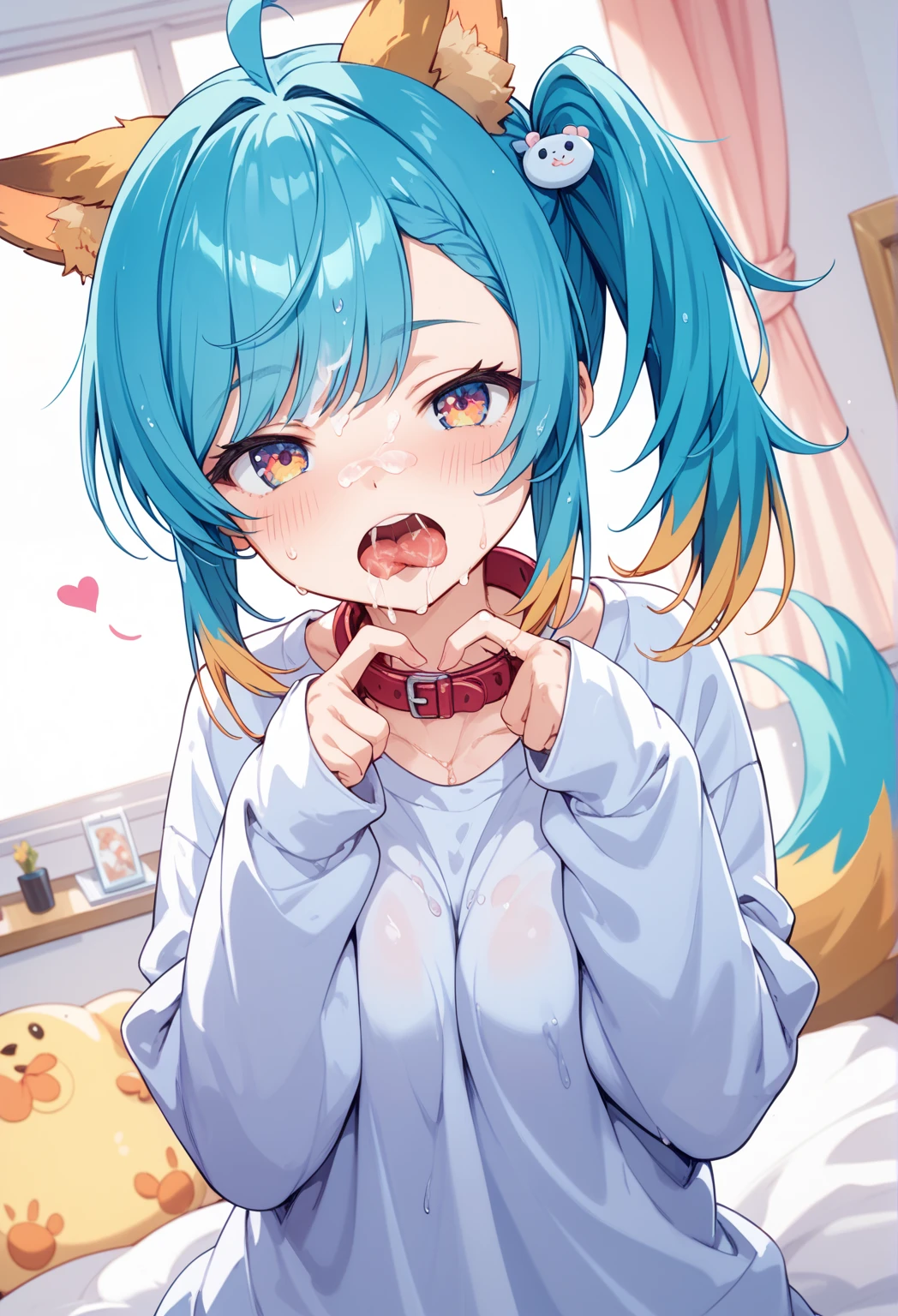 woman, rainbow hair, cum on face, sweating, hands paw pose, petplay, full body view, dog collar, pigtails, cheek blush, bedroom, smiling, tongue out