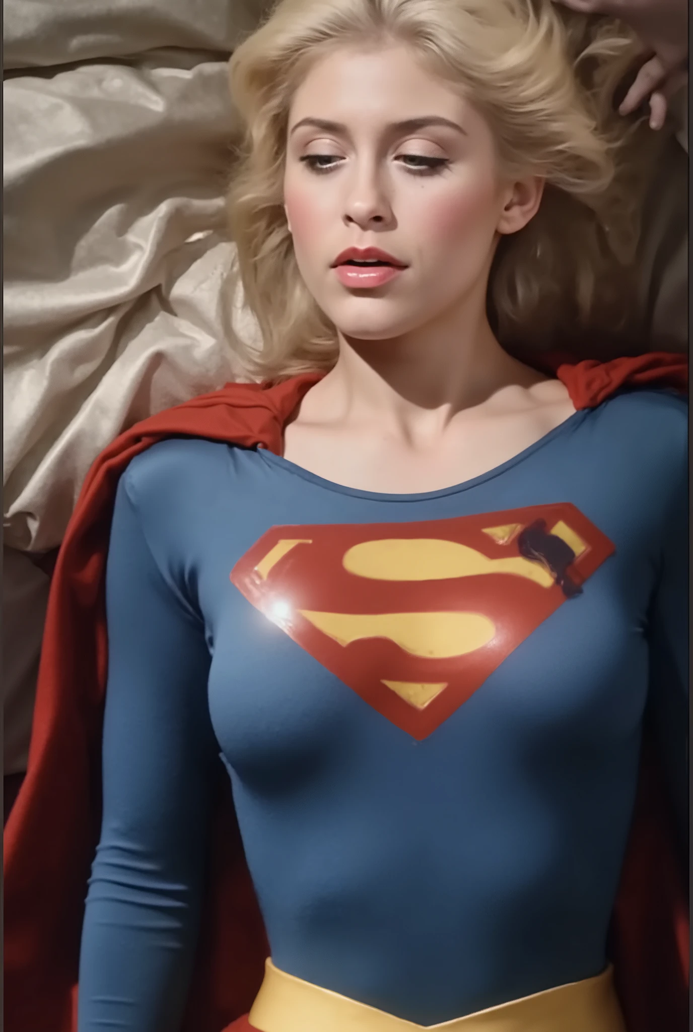 (Sexy and adorable beauty with long blond hair with blue eyes Helen Slater, she is wearing a long-sleeved blue crop top, In the chest "S" emblem、Gold trim on sleeves, short pleated red skirt and gold supergirl belt, tall red boots with gold trim , and a long red cape.
(Supergirl is lying on the bed holding hands above her head、I'm feeling pleasure)、