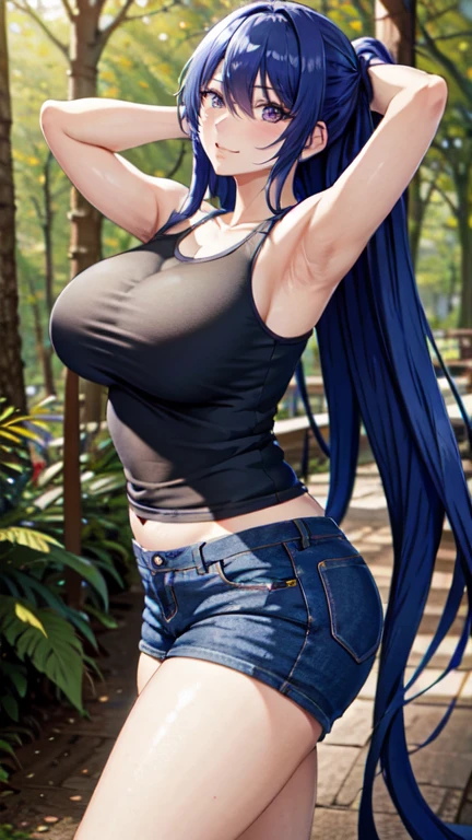 Solo, (38yr), (Mature female, housewife), White dress, High quality, A high resolution, absurderes, Ultra-detailed, Detailed background, black legging pants, Sports bra, (Masterpiece:1.2), Dynamic pose, Cowboy shot, Beautiful eyes, Very long hair, pony tails, eyeslashes, Huge breasts, Wide hips, Curvy, Ice-blue hair, Intricate details, (Walking), alley, full of sweat, Cityscape,