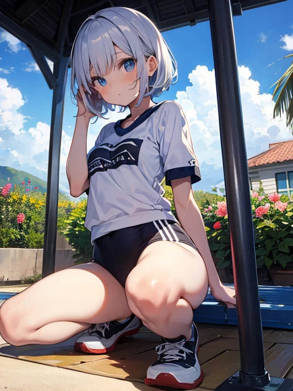 (((((whole body)))))、Youmu, This is a very cute gym uniform 、smile,、cowboy shot、barefoot、sitting、spread legs、