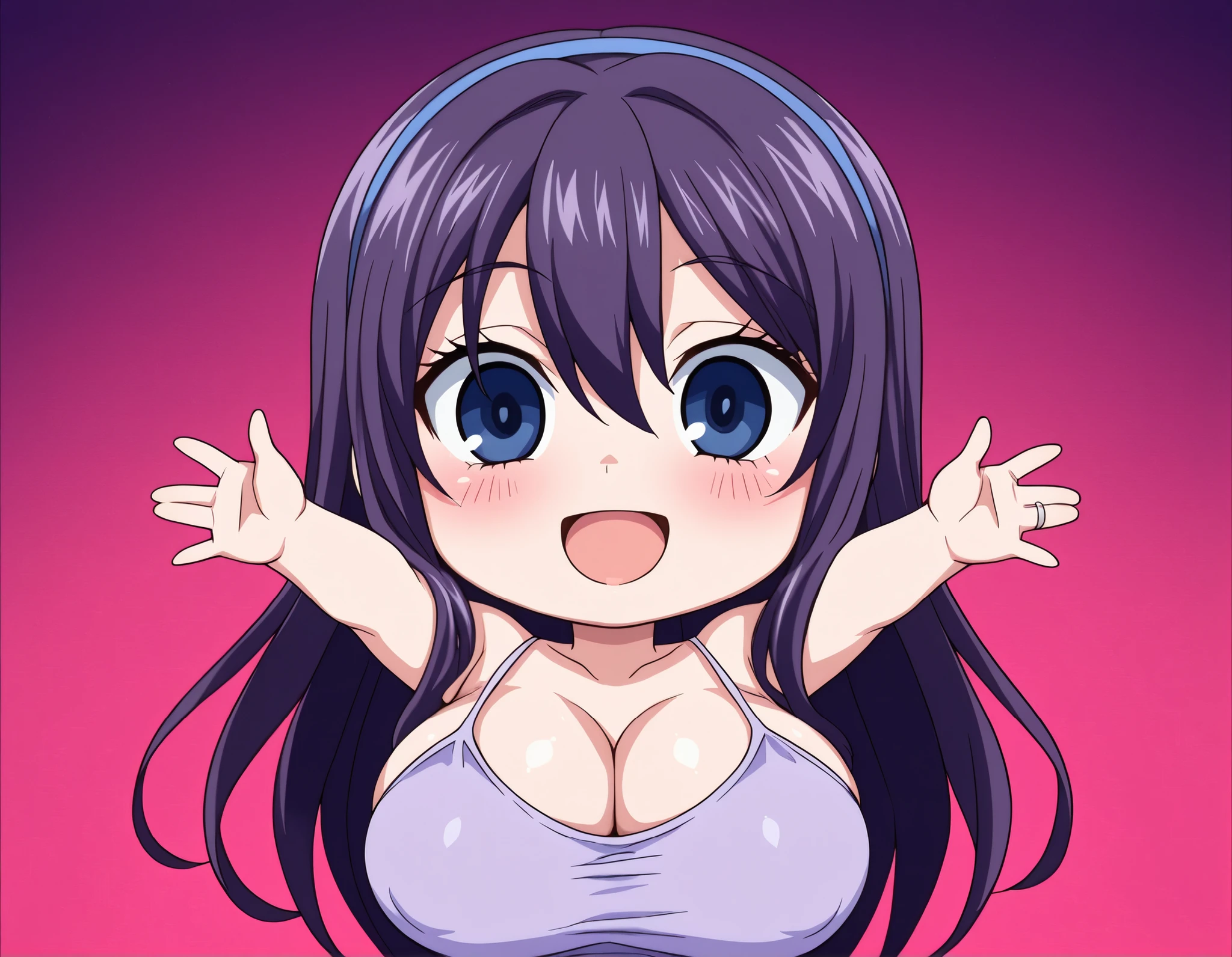 Queen_Bee_(animation studio), source_anime, 1girl, (chibi, super deformed, tiny proportions, cute, simplified, large eyes, round face), MILF, mature_female, voluptuous, curvy, fit_female, collarbone, large_breasts, straight_hair, long_hair, dark_blue_hairband, (dark_purple_hair: 1.2), (dark_blue_eyes: 1.2), tight_clothing, tight_fit, skin-tight, cleavage, lavender_tank_top, wedding_ring, solo, upper_body, looking_at_viewer, smile, blush, open_mouth, victory_pose, simple_background, white_background, black_outline, (lower_body_out_of_frame), close-up, face_focus BREAK highly detailed, (detailed eyes, detailed fingers:1.3), sharp focus BREAK soft lighting, volumetric lighting, vibrant colors, full HD, 8k BREAK glossy skin, anime realism, subtle shadows