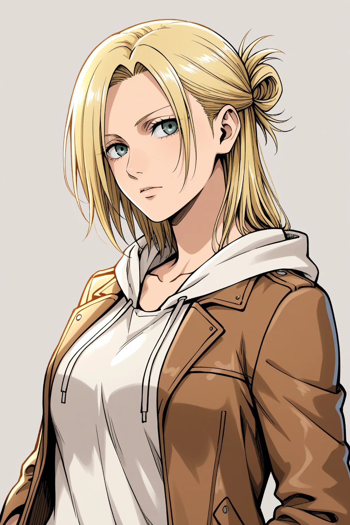 (best quality, masterpiece), <lora:AnnieAOT:1> , AnnieAOT, solo , cleavage, collarbone, jacket_on_shoulders , looking_at_viewer