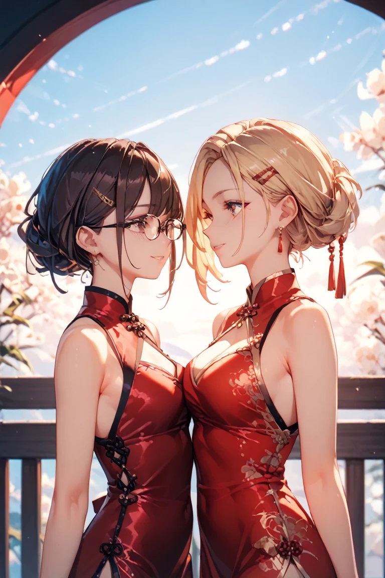 Two women wearing Chinese dresses are boxing in the ring. The woman on the right hits the woman on the left in the cheek. The woman on the left closes her right eye, opens her mouth, and sweats.