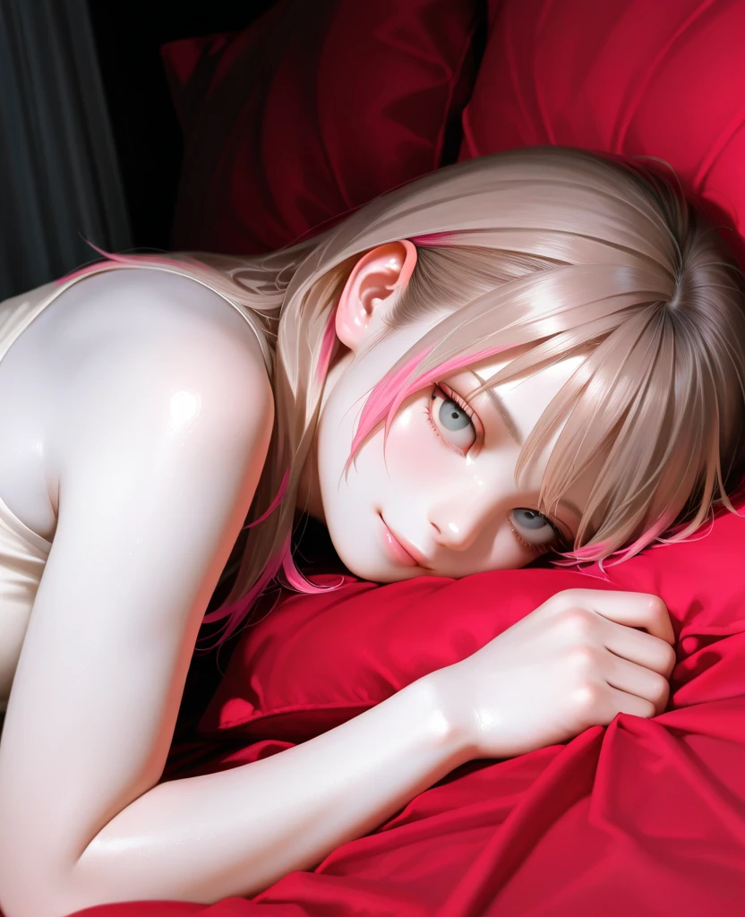 "girl in satin sleepsack, mummification,detailed face and body,peaceful expression,soft lighting,smooth satin texture,high quality,Ultra HD,portrait,subtle color palette"