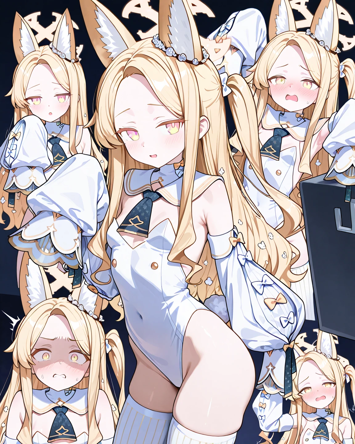 1girl, solo, holding, breasts, ass, long hair, phone, tail, holding phone, thighhighs, white thighhighs, animal ears, cellphone, playboy bunny, leotard, blue eyes, smartphone, strapless, bow, wrist cuffs, blonde hair, rabbit tail, very long hair, large breasts, sideboob, multicolored hair, braid, parted lips, rabbit ears, blue bow, cowboy shot, looking at viewer, bangs, halo, thighs, bare arms, strapless leotard, fake animal ears, blush, bare shoulders, fake tail, blue nails, bare back, back, hair bow, highleg, streaked hair, nail polish, blue leotard, from behind, hairband, highleg leotard, standing, looking back, two-tone hair, detached collar