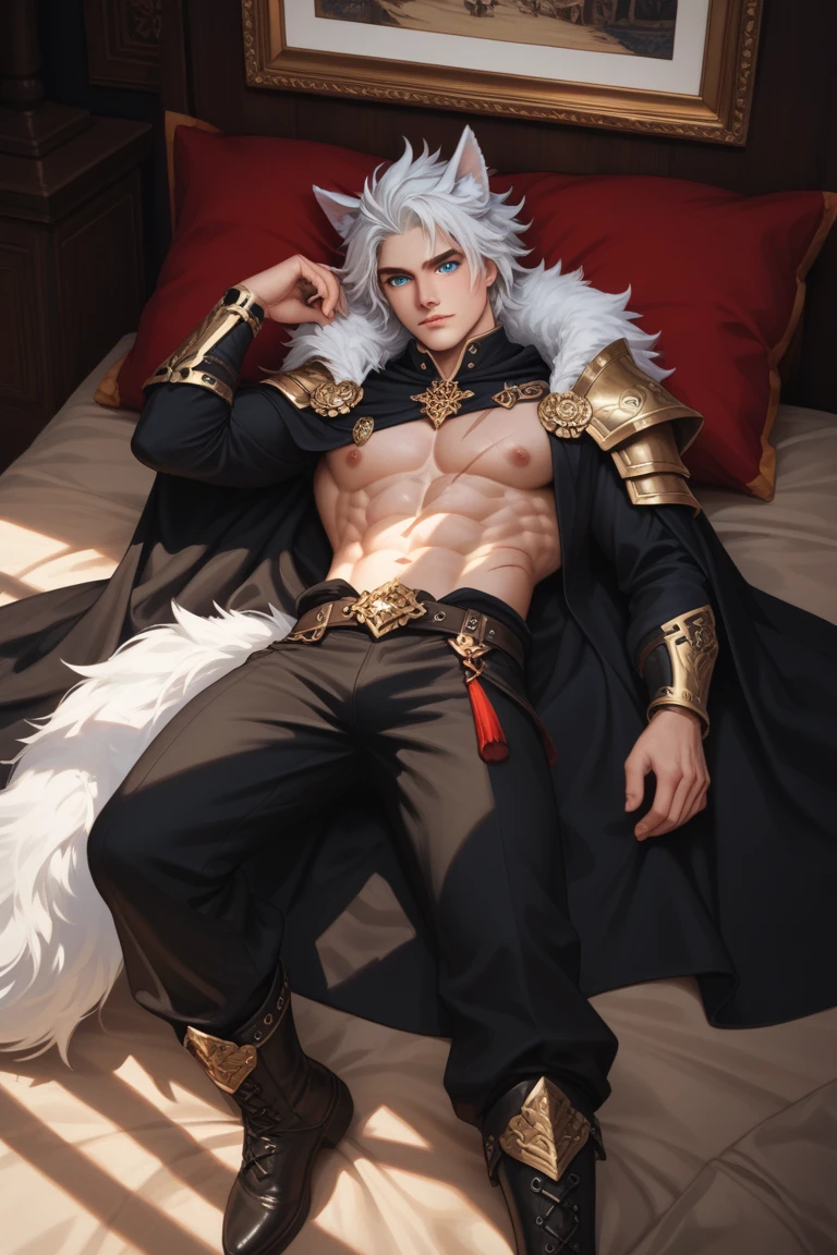 Male with light beard, flowing white hair, has wolf ears, has wolf tail, , happy, playful, sitting on couch watching tv, wearing panties, wearing stockings, wearing lingerie, wearing thigh high socks