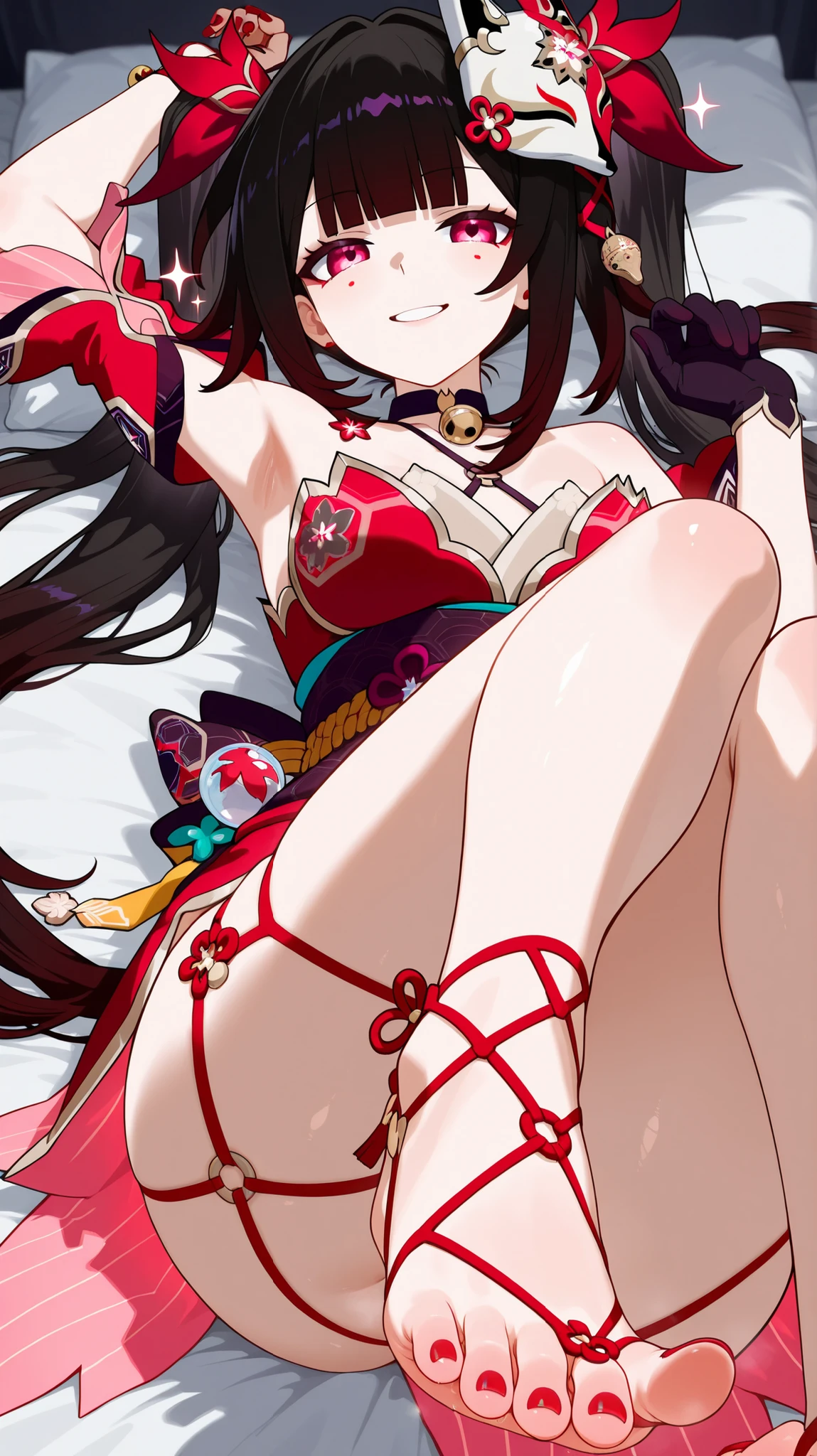 Sparkle di honkai Star rail, shows her sexy foot, toenails with red nail polish, viso soddisfatta, red eyes, tapered toes, posa sexy