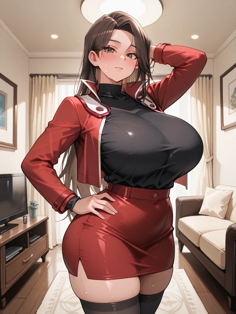 (Brunette), (dynamic lighting:1.1), centered in frame, highly detailed, 8k wallpaper, (detailed face and eyes:1.2), (unzipped jacket:1.1), (black-pink uniform to show off:1.1), (round breasts), (detailed hand and finger:1.1), (bare thighs:1.1), detailed skin, detailed hair, masterpiece, best quality, expressive eyes, perfect face, (1woman), (natural breasts), (athletic fit body:1.1), (looking at viewer), extremely detailed body,(beautiful, vivid), (detailed face and eyes:1.2), (huge breasts:1.1), (bimbo), (deep cleavage:1.1), (labia outline:1.2), (teat outline:1.2).