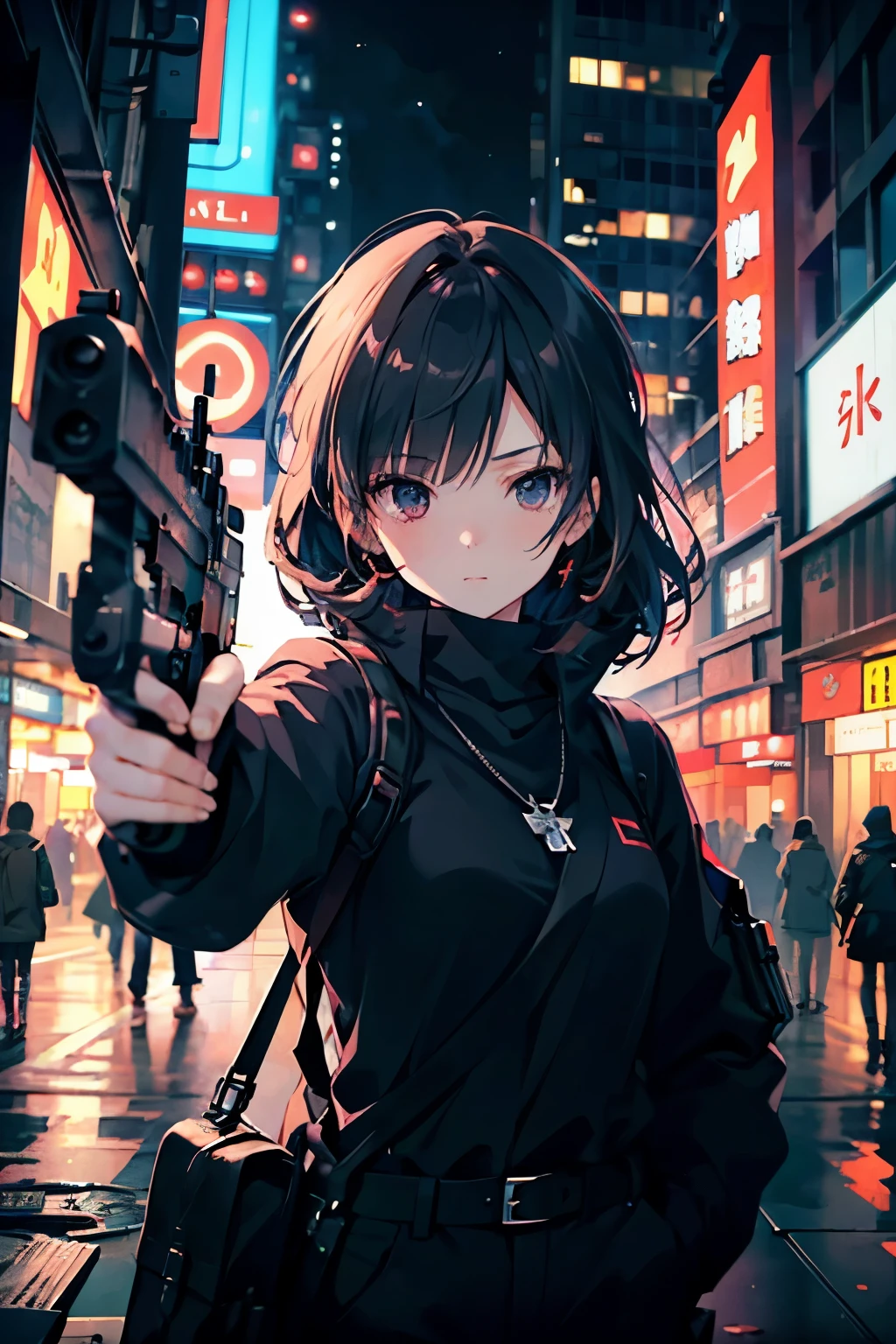 (masterpiece), (beautiful), (atmospheric), (detailed), anime, Cyberpunk, background is blurred, girl, holding a crossbow, aims