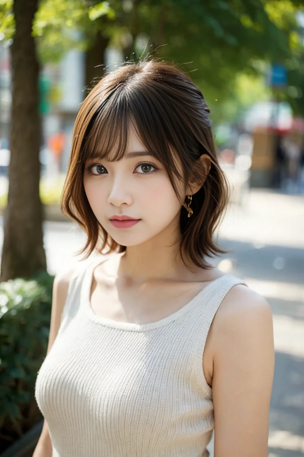 (Raw photo, Best Quality), (Realistic, Photorealsitic:1.3), masutepiece, 1 girl, extremely delicate and beautiful girl, Stand quietly facing the camera, (medium breasts), Soft light, (Brown hair, Short hair swaying in the wind), Bangs, Beautiful detailed girl, Graceful, tender, Gentle, (Detailed fingers), Correct anatomy, extremely detailed eye and face, beautiful detailed nose, Beautiful detailed eyes, Neat and clean beauty, silk shirt, Skirt, (Half body:1.3), Realistic face, Realistic body,