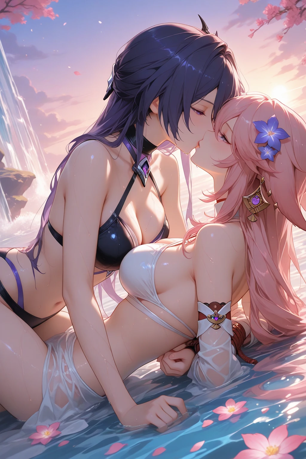 (超High resolution),High resolution,Sharp focus,(Very detailedな,Very detailed),(Very detailed CG unity 8k wallpaper),(((Vibrant colors)))、{Best illustrations},
((((2Women)))),Long Hair,(Pink Hair Color), beautiful, skinに近い, (((Two beautiful women kissing))), Face to face, Deep Kiss, Tongue insertion, Gazing at each other,lily, trembling,
(French kiss), playing with tongue, Sweat,Dripping Water,My whole body is wet,Heavy breathing, Humidity, Grasp gently, It's a mess, fog,
Verbal invitation, Saliva trace, Breast Press,
DQ Minnea,(((dark skin,dark_skin,lustrous skin:1.5,bright skin: 1.5,
skin tanned, shiny skin,very shiny skin,Shiny body,plastic glitter skin,exaggerated shiny skin,illuminated skin))),
Complex eyes,beautiful細かい目,Symmetrical eyes,big eyes:1.5,Seductive eyes, ((Detailed body)),(Detailed face)),DQ Manya,
cute,Obscene,erotic,bold,Camel Toe,
big ,glamorous,Tight waist,Long legs,curve,Cleavage,Revealing clothing,show skin,Slanted Eyes,
Circlet, Earrings, Silver Choker, Silver Bracelet,Silver Chain,Long Hair, Pink Hair, bikini,