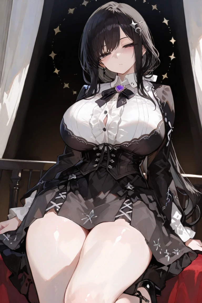 (((Alone))),(((Woman))),(((Big breasts))),(((Thin waist))),(((Large thighs))),(((Pale skin)) ),(((Gothic))),(((Black hair))),(((Blue eyes))),(((Wearing a gothic's outfit)))