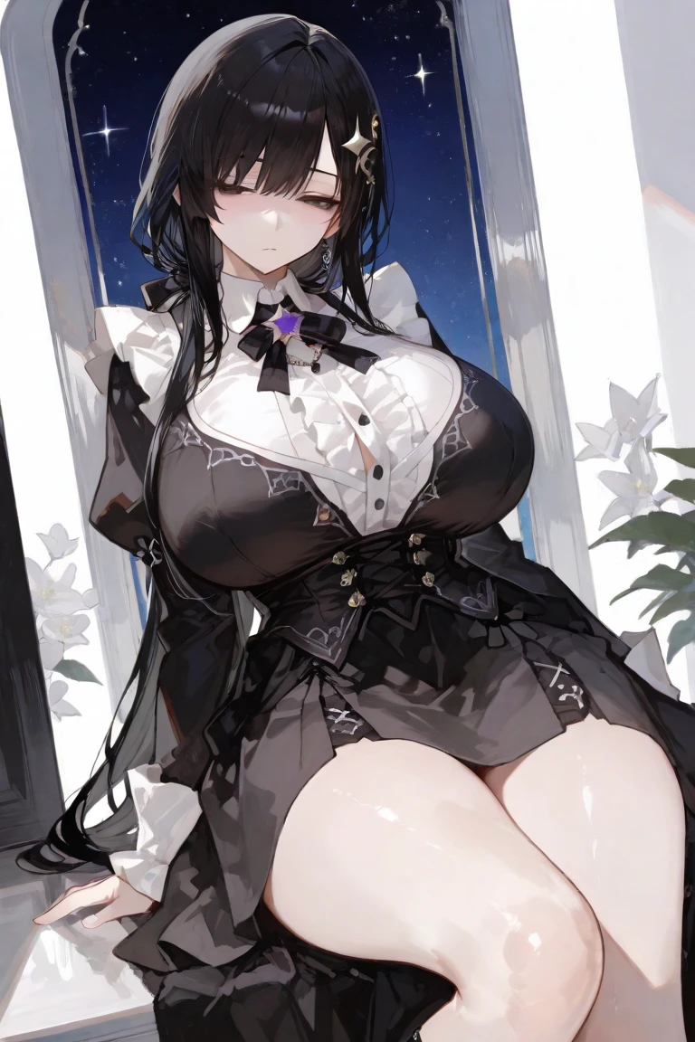 (((Alone))),(((Woman))),(((Big breasts))),(((Thin waist))),(((Large thighs))),(((Pale skin)) ),(((Gothic))),(((Black hair))),(((Blue eyes))),(((Wearing a gothic's outfit)))