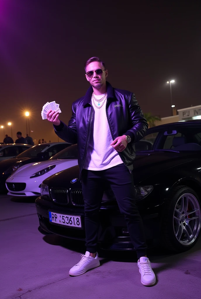 Tattooed man with Batman mask,with gold chain, Rolex, , rollet him on top of a red Lamborghini, with a small roulette on top of the car, at car festival