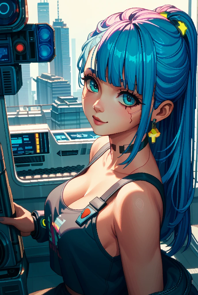 (masterpiece, Highest quality), 32k,(Highly detailed beautiful woman), Poster,sf,1960s,1970s,Bauhaus, shape, Abstract,movie Poster, Vintage,Retro,Future Anime,The ultimate map,highlight,Very detailed glowing eyes,Cleavage,Complex patterns,Stylish hairstyle,Turquoise bodysuit,Starry Sky,