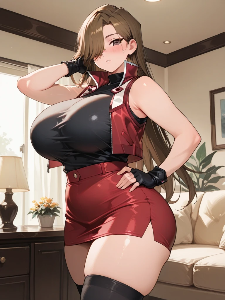((Masterpiece)), perfect anatomy, perfect shading, field of depth, (best quality), extremely delicate and beautiful, perfect lighting, detailed face, ultra cute face, cute, (cowboy shot 1.2) , looking at viewer, full body, (((1girl))), (((solo))), cheerleader

 long hair, fluffy hair, brown hair, pony tail, green eyes, (((blush))), nervous, (cheerleader uniform), (white tank top 1.2), (short section red skirt 1.2), thigh highs, chocker, extremely tight clothes, large breasts, cleavage, perky breasts, (wide hips), (thick thighs), pudgy,

 fast food restaurant, intricate background, detailed background, sweaty,