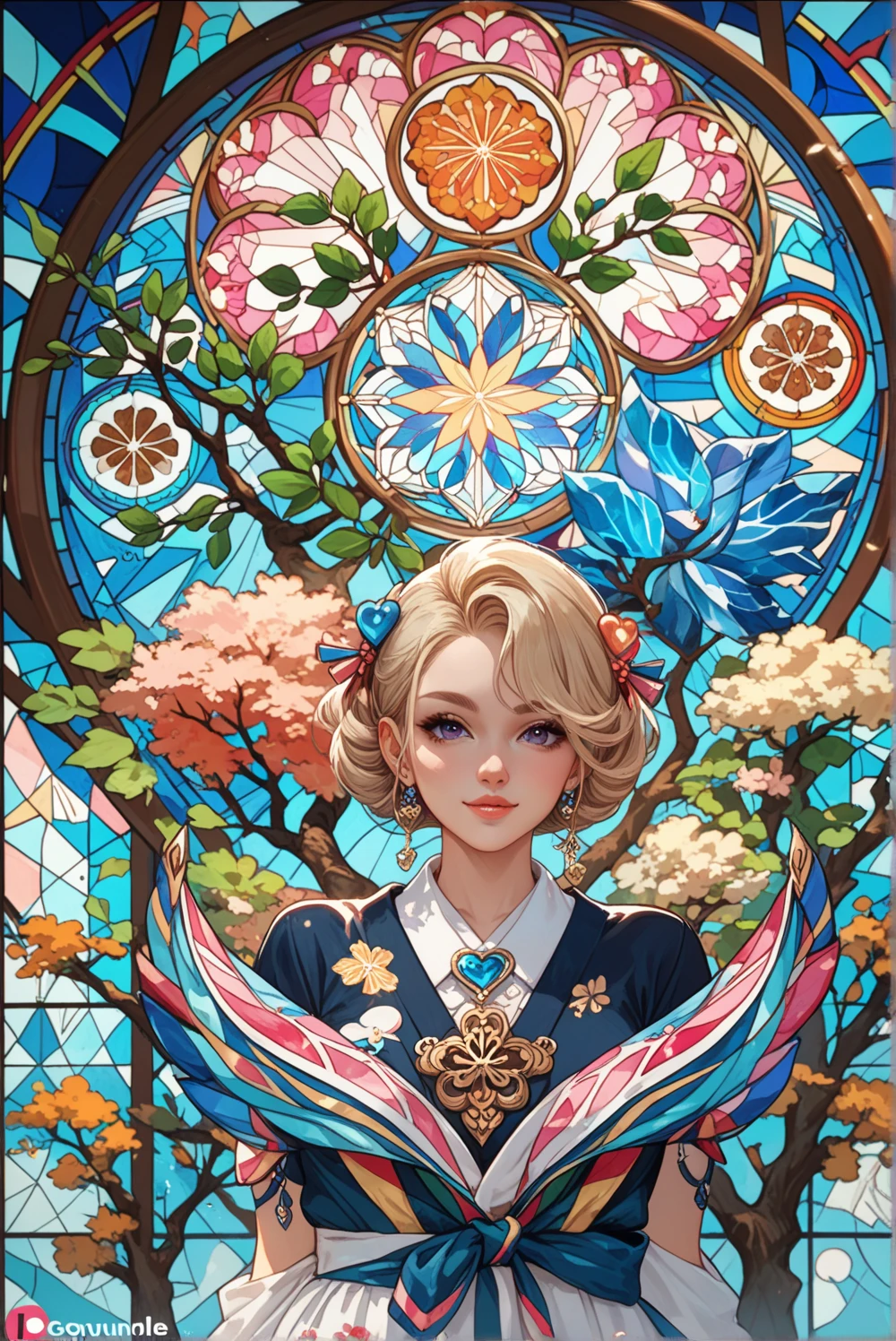 (masterpiece, best quality), 8K,(((Very detailed))), Race:1.8,Super intricate Race pattern,colorful Race pattern,Stained glass background transparent body, Mandala,Light Up,cold, 1 female,Open back,(curls,Blonde),arms behind back,large breasts,