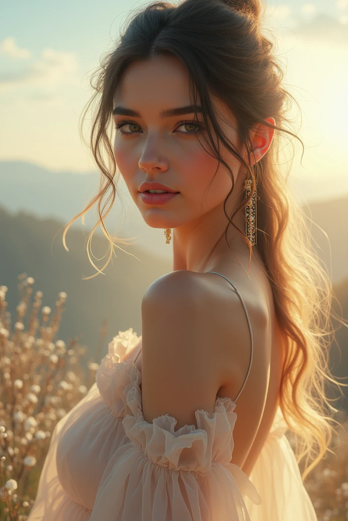 A beautiful woman stood atop a rocky outcropping,  Her hair was swept up in loose curls that tumbled down her back, a subtle hint of makeup accentuated her high cheekbones, full lips, and flawless complexion. As she turned to face the camera, a soft smile played at the corners of her mouth, framing her delicate features and piercing blue eyes overlooking a breathtaking valley below. She wore a flowing wedding dress that billowed gently in the breeze ,the lace was delicately embroidered with tiny flowers and vines, while the hem was adorned with sparkling crystals that caught the light and glimmered like stars. In the foreground, a bed of wildflowers added a pop of color to the scene, with vibrant hues of pink, purple, and yellow. Bees buzzed lazily from blossom to blossom, collecting nectar in the golden light of the setting sun. The sun was setting behind the mountains, casting a warm orange glow across the vast landscape.