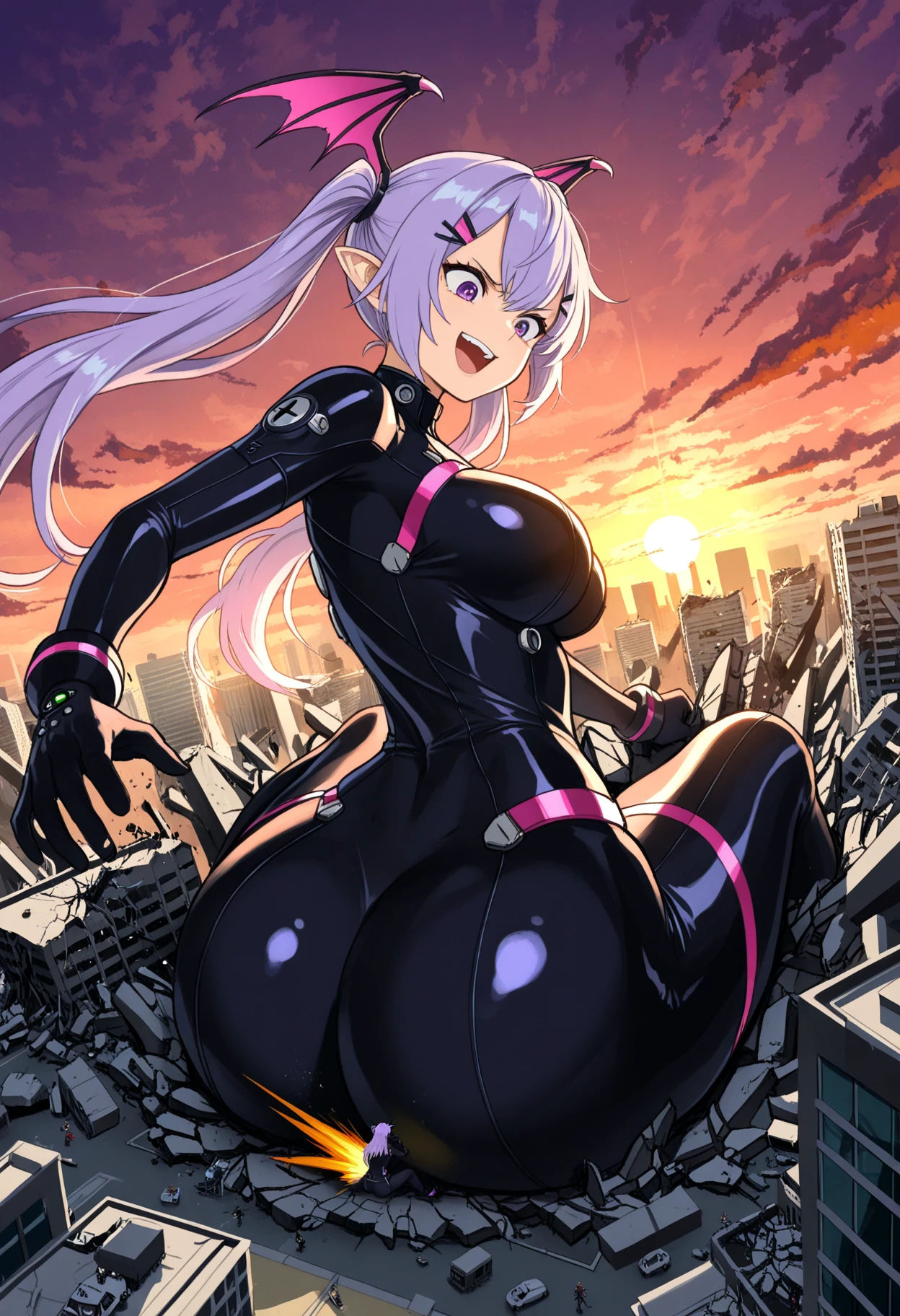rubber suit lively sexy cyber punk gray hair pink eyes thighs motorbiker