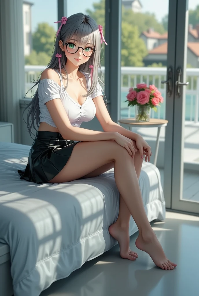 Ultra-clear resolution,top Quority,Elevation angle,Clear eyes,large glasses,plain face,s the perfect face,White skin,Perfect chest,with perfect legs,small thighs,stocklings,Random environment