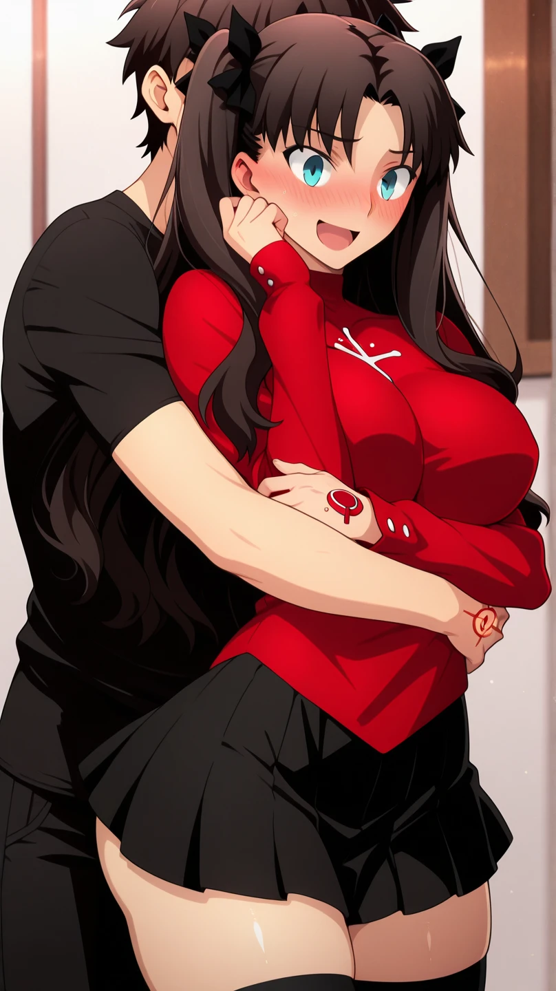 a hot asian girl with big and wide hips wearing a tiny skirt a mans finger sedusively and blushing