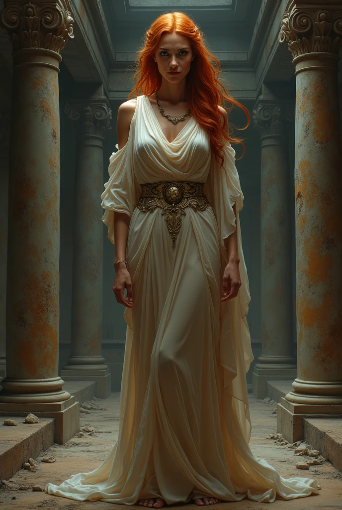 (((full body photo)))), Hestia goddess of fire, with red hair red eyes the color of ruby , very light, wearing a long red dress with gold detail with a long side opening on each side, shrouded in soft flames and faint with intense brightness wearing an ancient Greek sandal, fashion ideas, artistic details, maximum design, cinematic image, academy winner, in a beautiful setting of Mount Olympus, with beautiful background, and a cinematic image, high quality photography, ultra art style, realistic photo, Sony Alpha 8, low saturation image, super quality, 8k, warm background, intricate symmetrical, elegant depth of field, highly detailed, digital painting, professional concept art of sharp focus, illustration as imagined, art style created by Greg Rutkowski and Borris Vallejo, (no watermark and signature), and stylized by Jean Baptiste Monge, stunning style, perfect and centered anatomy approaching extreme perfection, dynamic, highly detailed, artstation, conceptual art, smooth, studio, very beautiful complex and extremely detailed details, very beautiful.