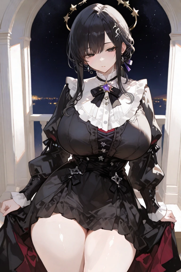 a woman in a black dress and stockings posing in front of a window, seductive anime girl, cute anime waifu in a nice dress, loli in dress, beautiful alluring anime woman, fine details. girls frontline, anime girl wearing a black dress, anime moe artstyle, noire, marin kitagawa fanart, [ 4 k digital art ]!!