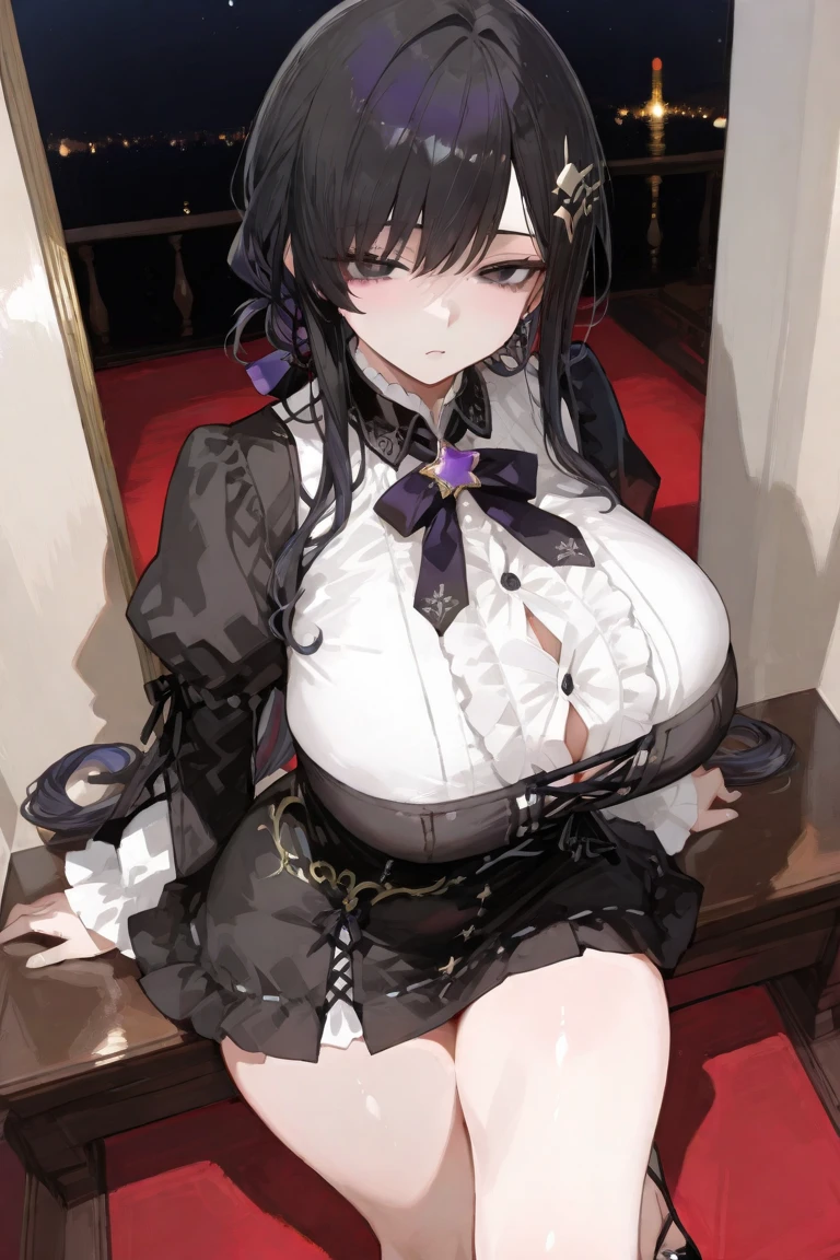 nsfw, 1girl, masterpiece, best quality, illustration, miracle tou, adult, big naked breast , nipples ,  indoors, sitting, chair, , black dress, hair ornament, flower, jewelry, smile, 
