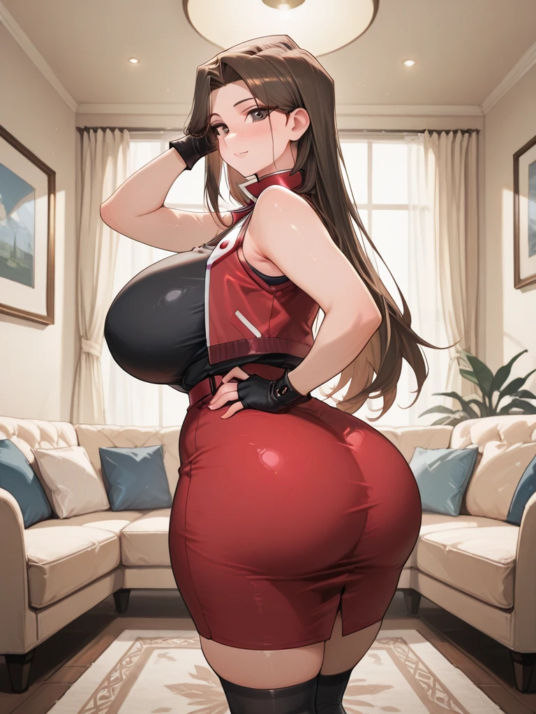 1girl, black curly hair, pale skin, red eyes, red lipstick, big breasts, big hips, big ass, thick thighs, smirk expression, covered in cum, dominant expression,