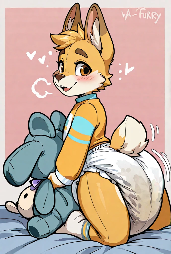 Solo, Arctic wolf male, detailed diaper, eyes closed, street wear, happy, holding plushie