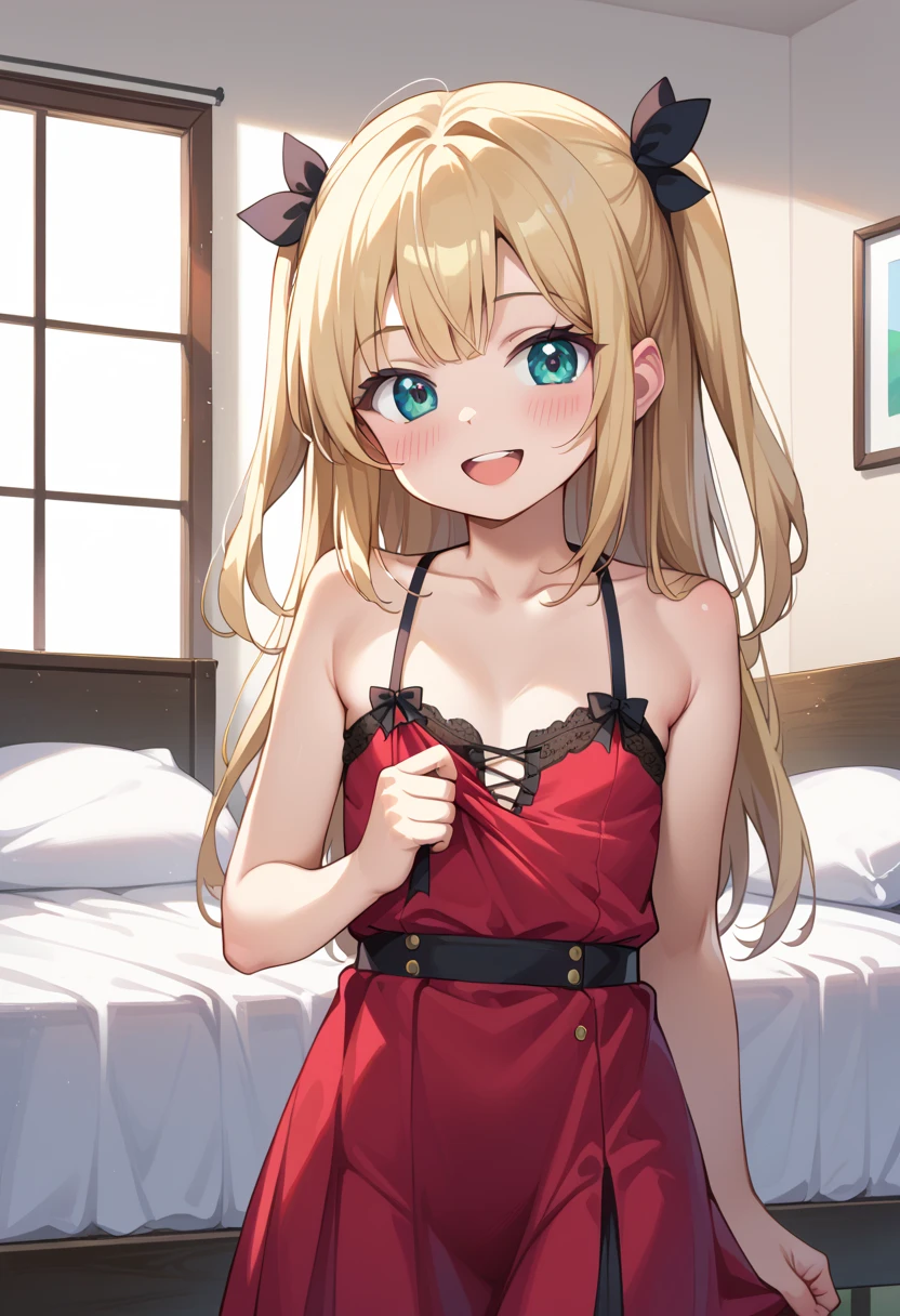 1girl,,tanned body,twintail,,,looking viewer,,,(((Gyaru))),glossy lips.(spoken heart),smirk,open mouth,,dress,off shoulder,miniskirt,thighhighs,my room,cleavage