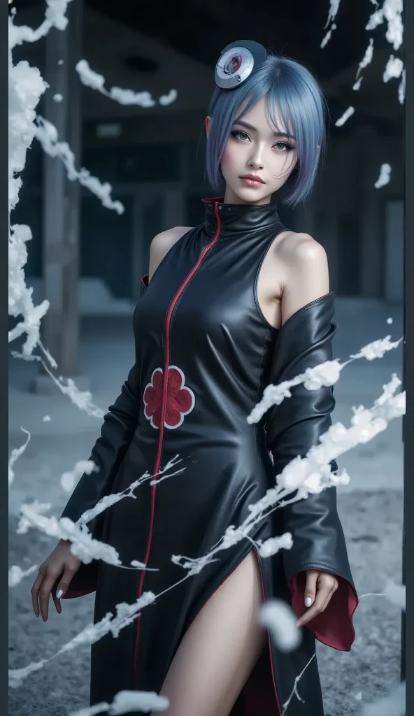 absurdres, (best quality), (masterpiece),(ultra-detailed:1.2),(photorealistic:1.1),(highres),
1girl,
konan \(naruto\), (akatsuki outfit:1.1), labret piercing, (paper:1.2),
ripples,swirling ,