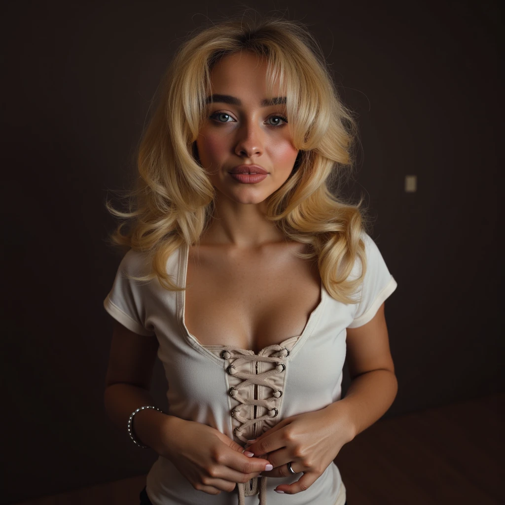 ((ultrahigh resolution, great quality)), (((8k, photo and raw, best quality, masterpiece, hyperrealistic))), incredible, extremely detailed, sharp focus, real person, only one girl, ((1 very girl attractive and beautiful)), (((((Lena Paul's facial features))))), (((((Lena Paul's face))))), (((((long platinum blonde hair))))), ((((green eyes)))), Detailed face, ((twenty one years)), ((model body, sexy body, slim body)), ((((Arafed Woman dressed in the shirt of the Spanish soccer team, red shirt of the Spanish team, Spain shirt, adidas shirt of the Spanish team, lightly made up, only dressed in the shirt of the Spanish soccer team, dressed in the shirt of the Spanish soccer team for Euro 2024, shirt of the Spanish team, sexy t-shirt of the spanish soccer team, selfie, selfie photo, playboy photo style, captivating and tempting, posing smiling, Lena Paul, Realistic, sensual look, sexy, Instagram model, Sensual, sexy smile, sensual posing, natural pose, happy and sexy expression, goddess, perfect physical proportions, standing, hands behind the back)))), ((beautiful smile, sexy smile)), ((perfect mouth)), ((perfect legs)), navel piercing, (Beautiful face), sinuous look, sexy look, half smile, stitching, smooth skin, ((detailed skin)), cinematic lighting, ((perfect detailed and pretty eyes)), ((Highly detailed body, perfect body measurements)), ((detailed and tempting lips)), (((((medium breast))))), ((marking body clothes, Marked breasts, Generous cleavage)), 1 navel, rosy cheeks, ((Juicy and sexy lips, perfect lips)), naughty smile, wild and sexy hair, Full body view, ((masterpiece)), (((best quality))), (((ultra high))), (((hyperrealistic))), (((photorealistic))), Highly detailed CG unit 8k wallpaper, shot style, complex, High detail, Dramatic, Highest Quality Movie Still Image, Masterpiece, Best Quality, Realistic Ultra Detailed Rendering Style, ((Natural Light)), Crisp Characte, DSLR, Fujifilm XT3, intricate details, natural photography