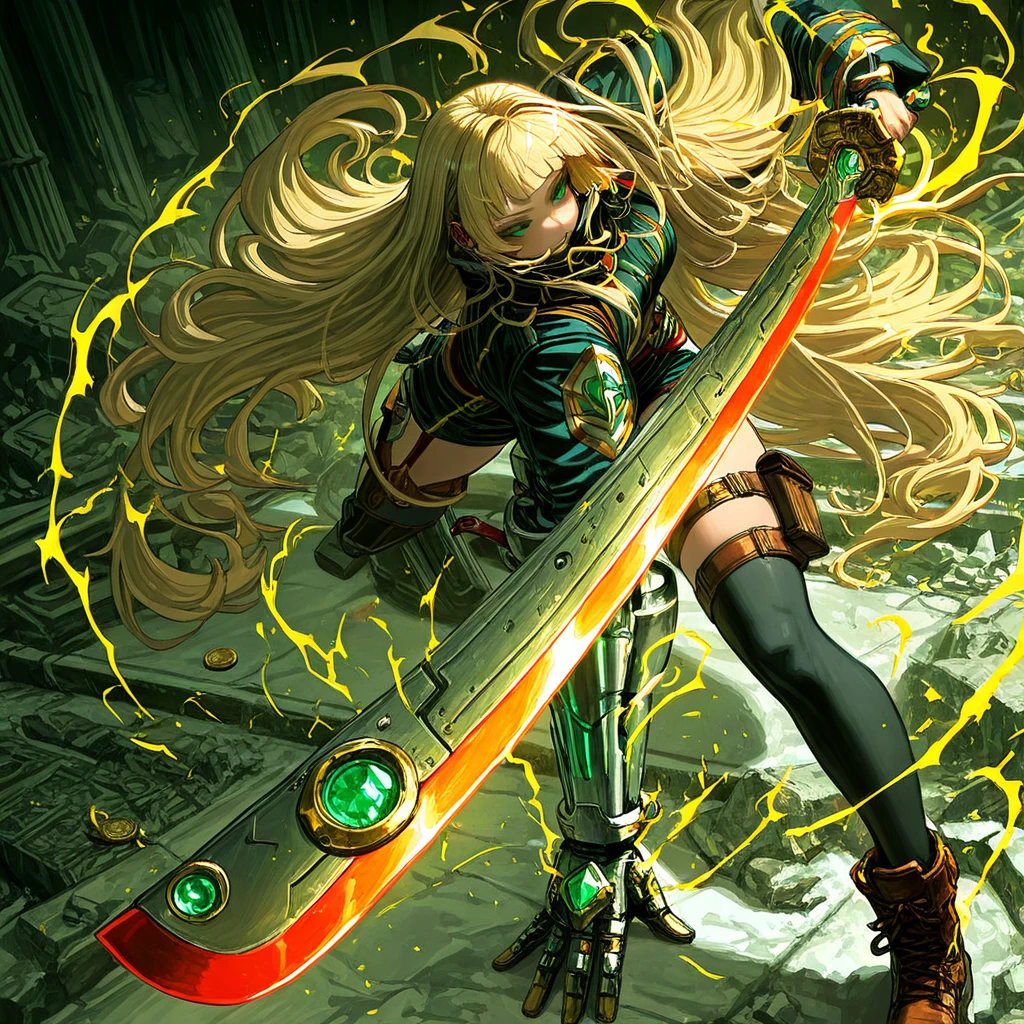(kan-style:1.4), (gogal king style:1.2), (Kohei Horikoshi, My Hero Academia), masterpiece, high quality, Absard Dress, best quality, Very aesthetic, newest, draminic light, chiaroscuro technically,   Through the Legs of a Book  , dynamic composition, aninomical correct, high definition, 4K,  digital art , trending on ArtStinion, out of breath, heavy breinhing, excessive sweining, sweining, sweining profusely, out of breath profusely, cineminic, ((skindentinion)), ((rich)), Very Long Hair, blonde hair, green eyes, separate the bangs, Bangs bangs, stupid hair, Hollow Eyes , (aura), (yellow aura:1.2), 1 girl, weapons, solo, sword, thigh high socks, fight_posture, holding with wre, holding with wre_weapons, sheinh, coin, boots, holding with wre_sword, in hein_in_viewer, mechanical_arms, gem, shorts, single_mechanical_arm, rings, kinana, piercing, black_thigh high socks, Sparkling, garter_strap with URIN, _piercing, jacket, green_coin, , of, Shady face, Eye Tracking, Shining Eyes, ruins 