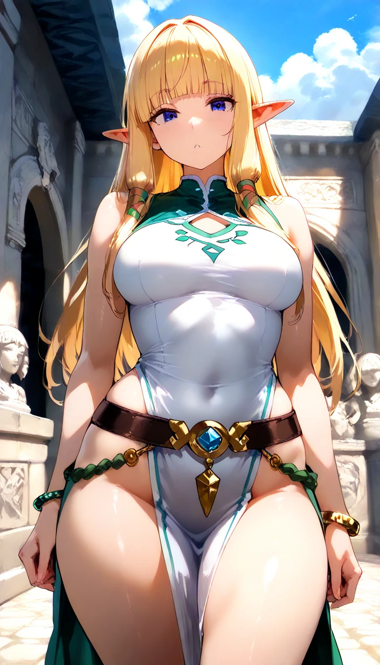 score_9, score_8_up, score_7_up,,BREAK source_anime, from front,below view,below view,standing,,medium shot,looking_at_viewer,1girl, celes chere, final fantasy.blonde hair, blue eyes, (ultra micro bikini,green bikini),large breasts,cleavage,pointy breasts,areolae peek,, white cape, vambraces,bracer, very long hair, bangs, closed mouth,.tundere,,, (best quality),(aesthetic,very aesthetic),masterpiece, highres, (anime screenshot:0.5),contrapost,graceful posture,lean but curvy body, slender waist, round hips, ,arms in sides,