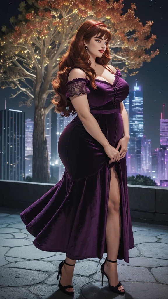 DisneyAurora, 27 years old, full body view Beautiful woman (((long wavy auburn hair, two side up with bangs))) defined bod, sexy, cherry red lipstick, arms by her sides, hands free, mouth slightly open, standing facing camera, ((( sparkling sequined purple dress, long skirt)), on a patio surrounded by fireworks exploding in the sky in the background, night (large_breasts:1.4) (curvy:1.2)(chubby:1.0)
