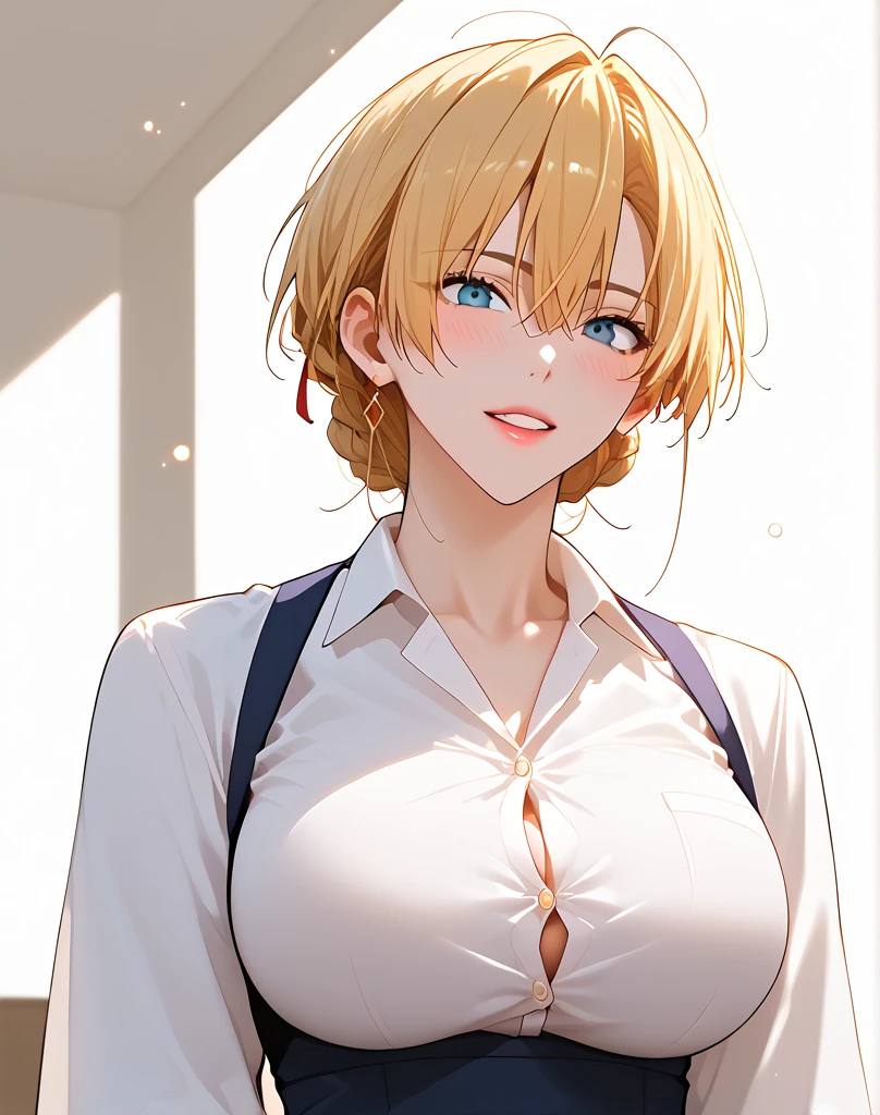 Girl short blond hair, blue eyes, white shirt with all buttons closed office, bige breast, big tits, school uniform, angry expression, open mouth, standing, classroom background, arrogant