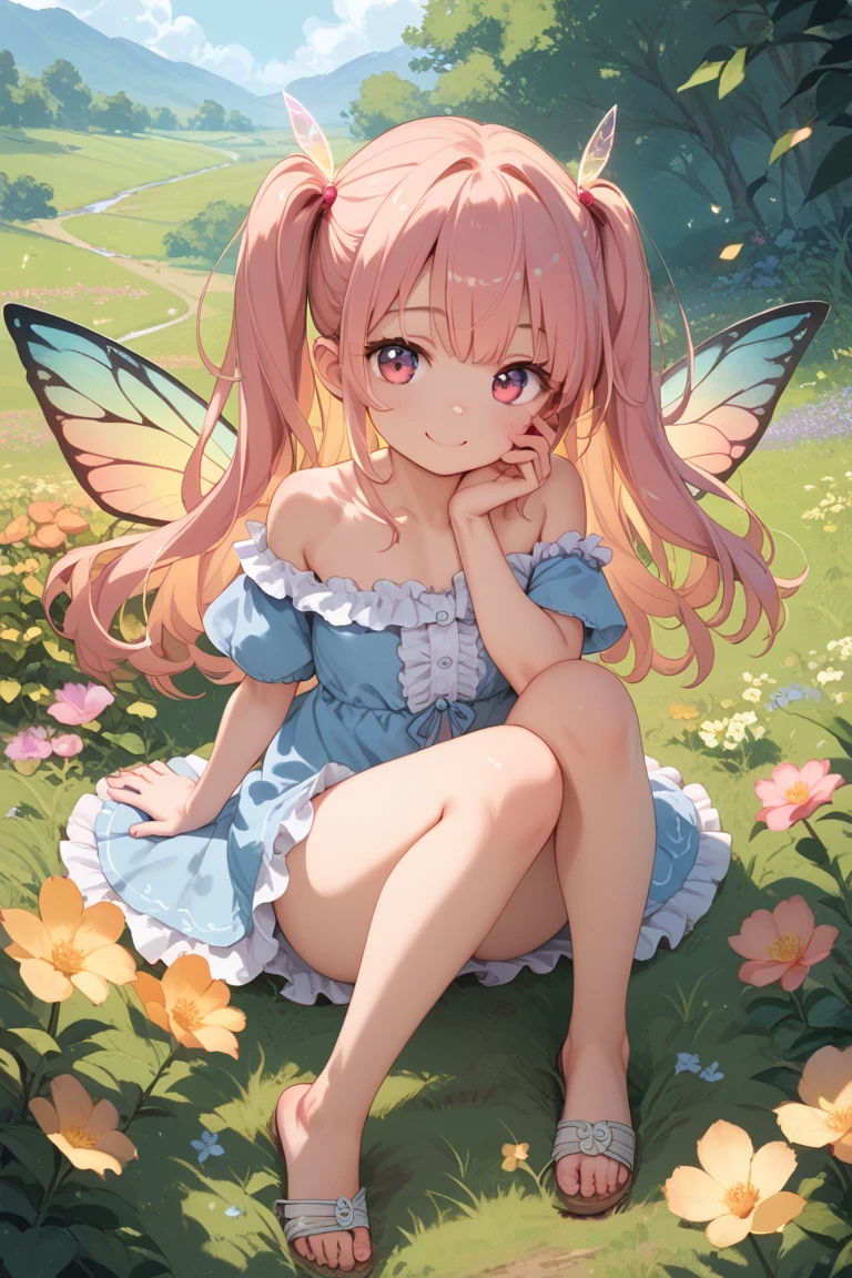 Illustration of a cute chibi fairy wearing lovely lingerie, floating gracefully with delicate butterfly wings, and surrounded by twinkling stars in a magical forest setting.