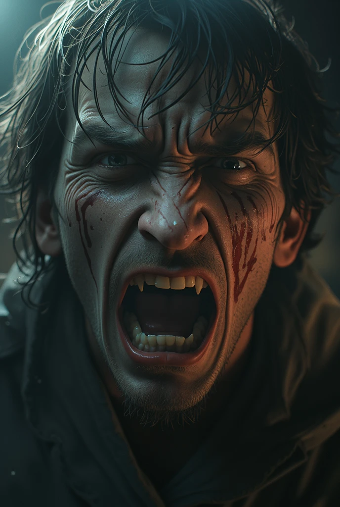 A highly detailed closeup shot of an injured guy with a bloodied face and blue eyes, looking directly into the camera with a sinister, evil smile. The background is blurred, emphasizing his intense expression and the severity of his injuries. Created Using: intricate shading techniques, hyper-realistic textures, dramatic lighting, cinematic effect, hd quality