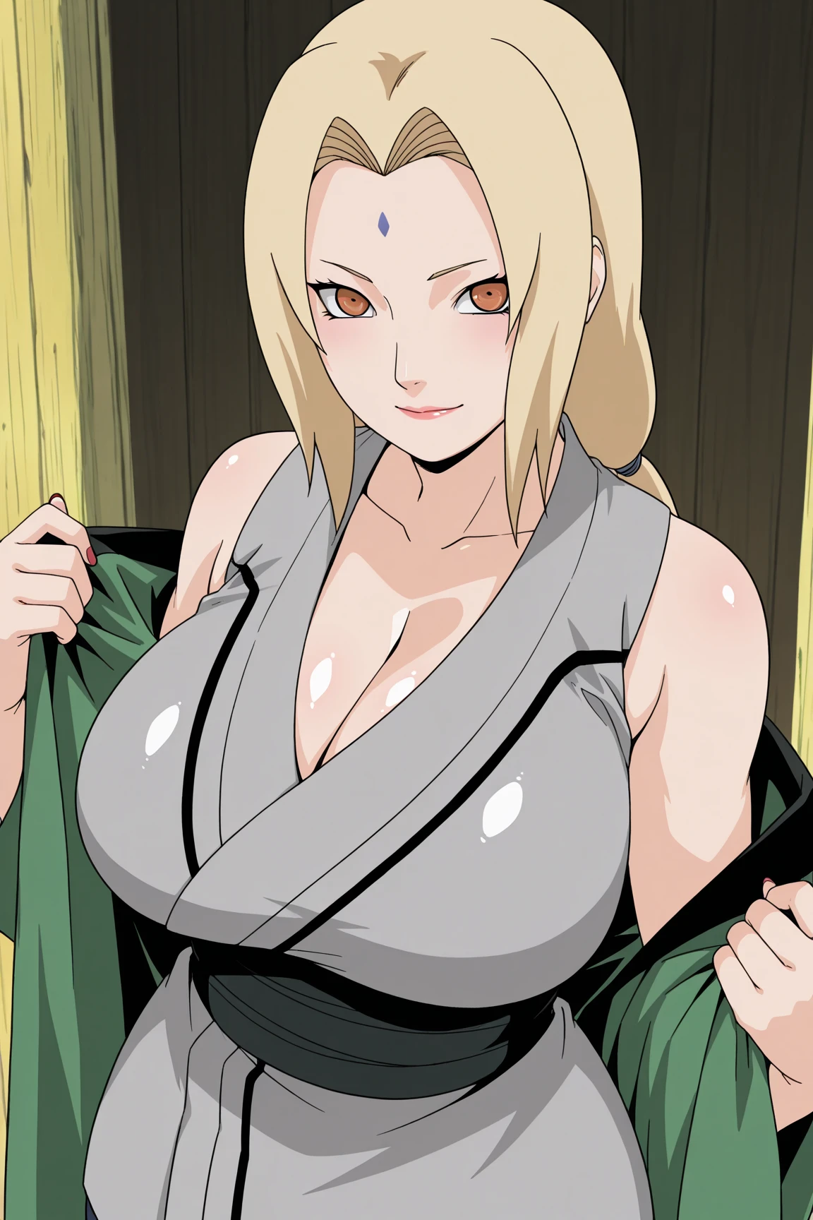 senju_tsunade, extremely_gigantic _huge_breasts, Grey_short_kimono_Blue_obi_Blue_pants_Green_haori, masterpiece, best quality, detailed face, detailed eyes, highres,