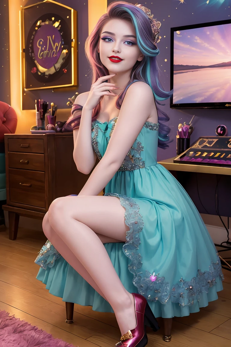 (Obra maestra, La mejor calidad:1.2), solamente, 1girl , hermosa chica adolescente europea , Caucasian , mlpshimmer, linda sonrisa , maquillaje , labios rojos , Mirando al espectador , sunset shimmer , 18 years , hermosa chica adolescente , modelo adolescente , ojos color turquesa , dentro de, cuarto gamer , casa , foto de cuerpo completo , hermoso vestido
