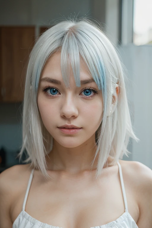 (nsfw:1.2), masterpiece, Best Quality, hyper Realistic, The avant-garde, A mysterious and sophisticated young Japanese woman with blue eyes wears futuristic and sexy fashion art. She is seated at a wide angle, with her full body in frame. Her outfit includes see-through white sports wear with multiple elastic white led harnesses designed underneath, and led hem, adding a minimalist beauty. She accessorizes with futuristic accessories and wears technical sneakers. Her demeanor exudes harmony and striking simplicity. hyper small head and face, happy, wide Duck mouth, half open mouth, perfectly aligned teeth, perfect beautiful teeth, light blue eyes, half open eyes, shiny Droopy eyes, gray hair, looking other, She is situated within the interior of a futuristic colony, BREAK (very slim waist:1.2), (huge breasts, cleavage, large buttocks), with mist drifting and steam rising from concrete